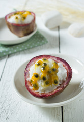 Milk ice cream with Passion fruit topping