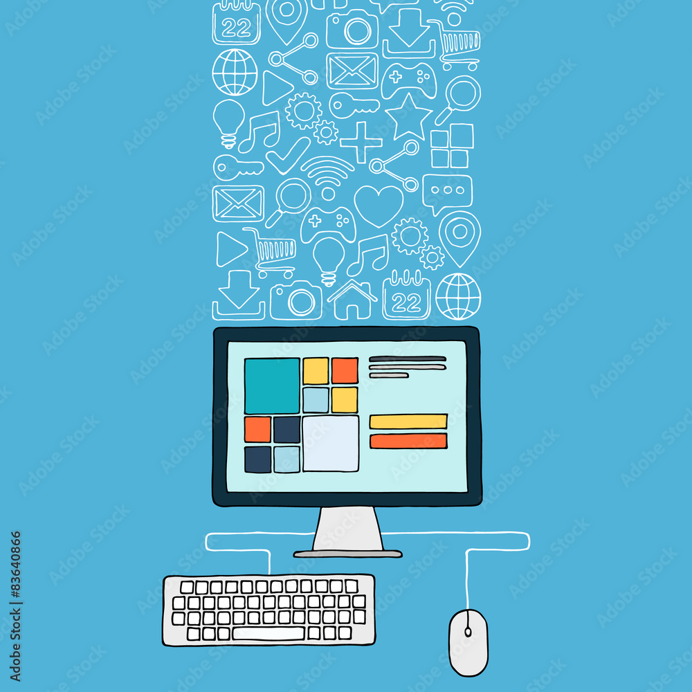 Poster Hand drawn desktop computer with web icons.