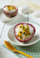 Milk ice cream with Passion fruit topping