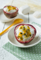 Milk ice cream with Passion fruit topping