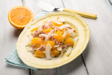 salad with tuna fennel and sliced orange, selective focus