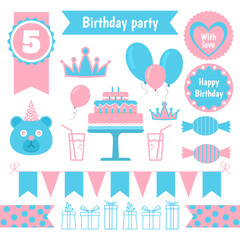 set of festive birthday party elements. Flat design.