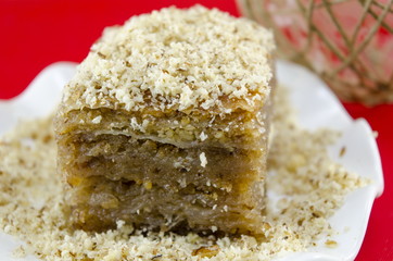 Baklava with grated walnuts on a plate