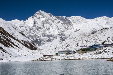 view of Cho Oyu and the village of Gokyo