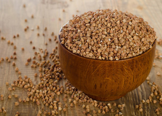 Buckwheat  on a rustic wooden table.