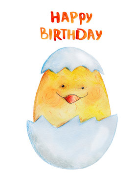Chicken on the egg . Happy birthday. Congratulation. Watercolor