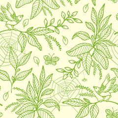 Green seamless pattern with plants and birds
