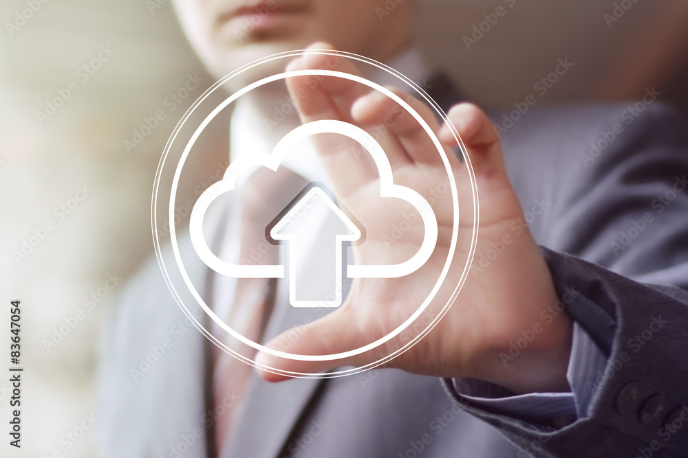 Poster businessman touch button web upload cloud icon