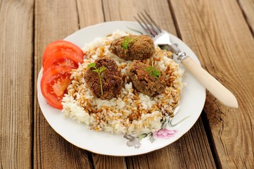 Three lentil patties with rice, tomato and microgreens in white