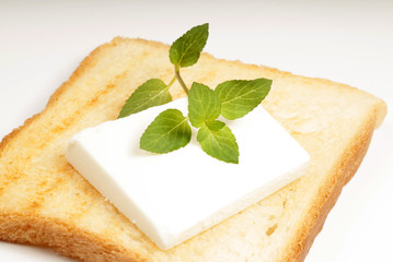 A crusty toasted bread with cheese and a basil leave isolated