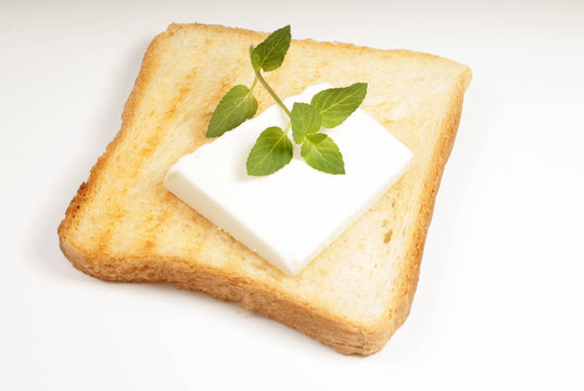 A crusty toasted bread with cheese and a basil leave isolated