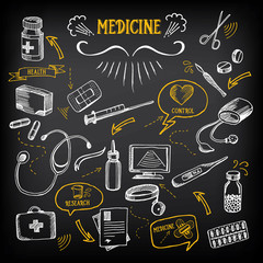 Medical icons, sketch design. Healthcare drawing chalkboard.