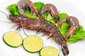 Raw shrimps on plate.