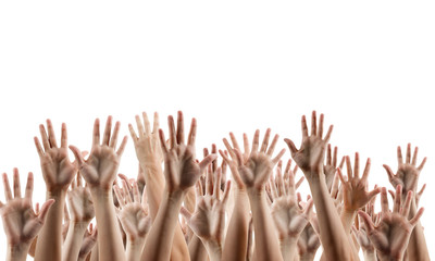 Many people's hands up isolated on white background. 