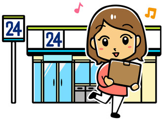 コンビニ 荷物を持った女性