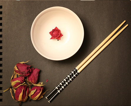 background Japanese food bowl sticks and roses