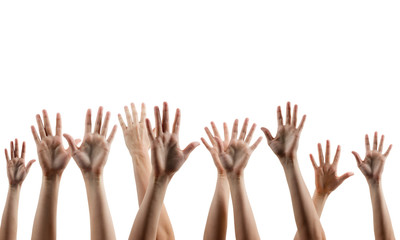 Many people's hands up isolated on white background. 