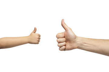 father and son hands giving like on white background
