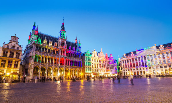 Grand Place in Brussels with colorful lighting