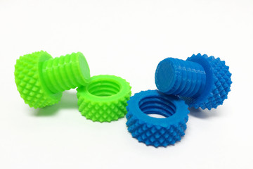 Pair Plastic Screw Nuts and Bolts by 3D Printer on White