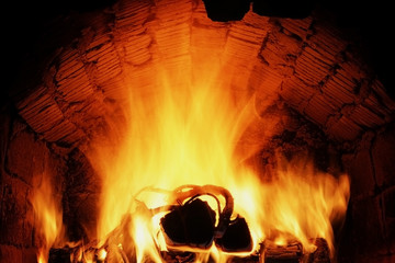 firewood burning in the oven