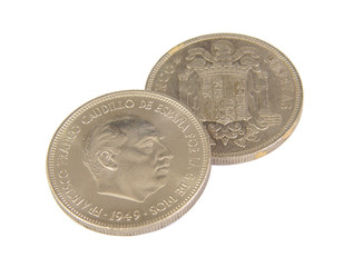 Two old Spanish coins of 5 pesetas showing Franco face isolated