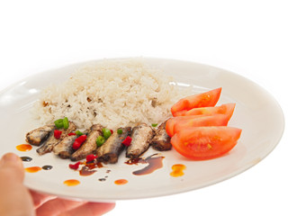 fried sprats with rice & tomatoes