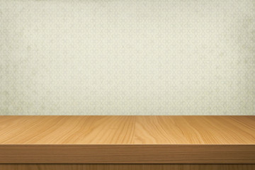 Empty wooden table over retro wallpaper