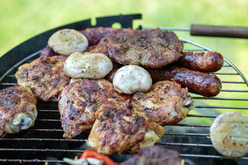 barbecue with delicious grilled meat on grill