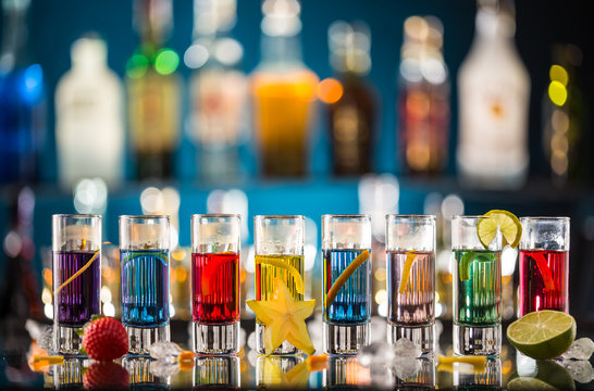 Variation Of Hard Alcoholic Shots On Bar Counter