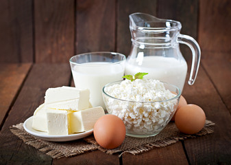 Dairy products and eggs on a wooden table