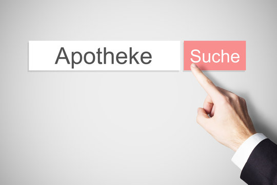 Finger dr&uuml;ckt roten Knopf Internet Suchmaschine Apotheke