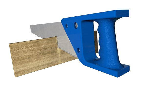 Handsaw,new with blue plastic grip sawing a wooden board