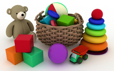 3d render illustration of child's toys in a small basket
