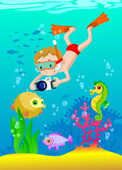 Naklejka na ściany i meble Illustration of boy scuba diving 