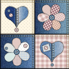 Jeans patchwork with applique of flowers and hearts - obrazy, fototapety, plakaty