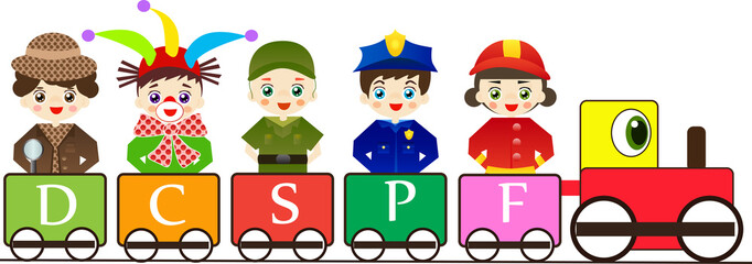 Different professions for kids on colorful train.