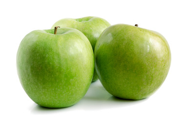 Three green apples on a white background.