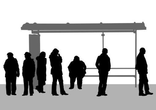 People at bus stop on white background