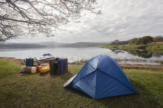 Camping Dam Tent Boats Landscape