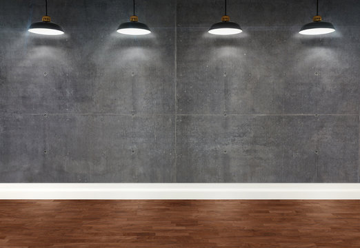 3d concrete  room with ceiling lamps