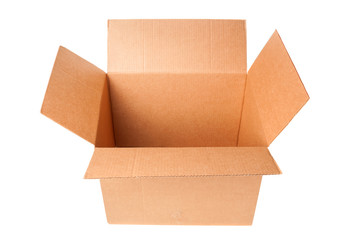 Open cardboard box closeup on white background