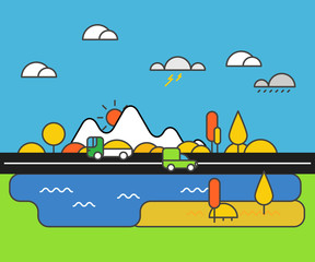 Different vehicle on a road. City life minimalism illustration c