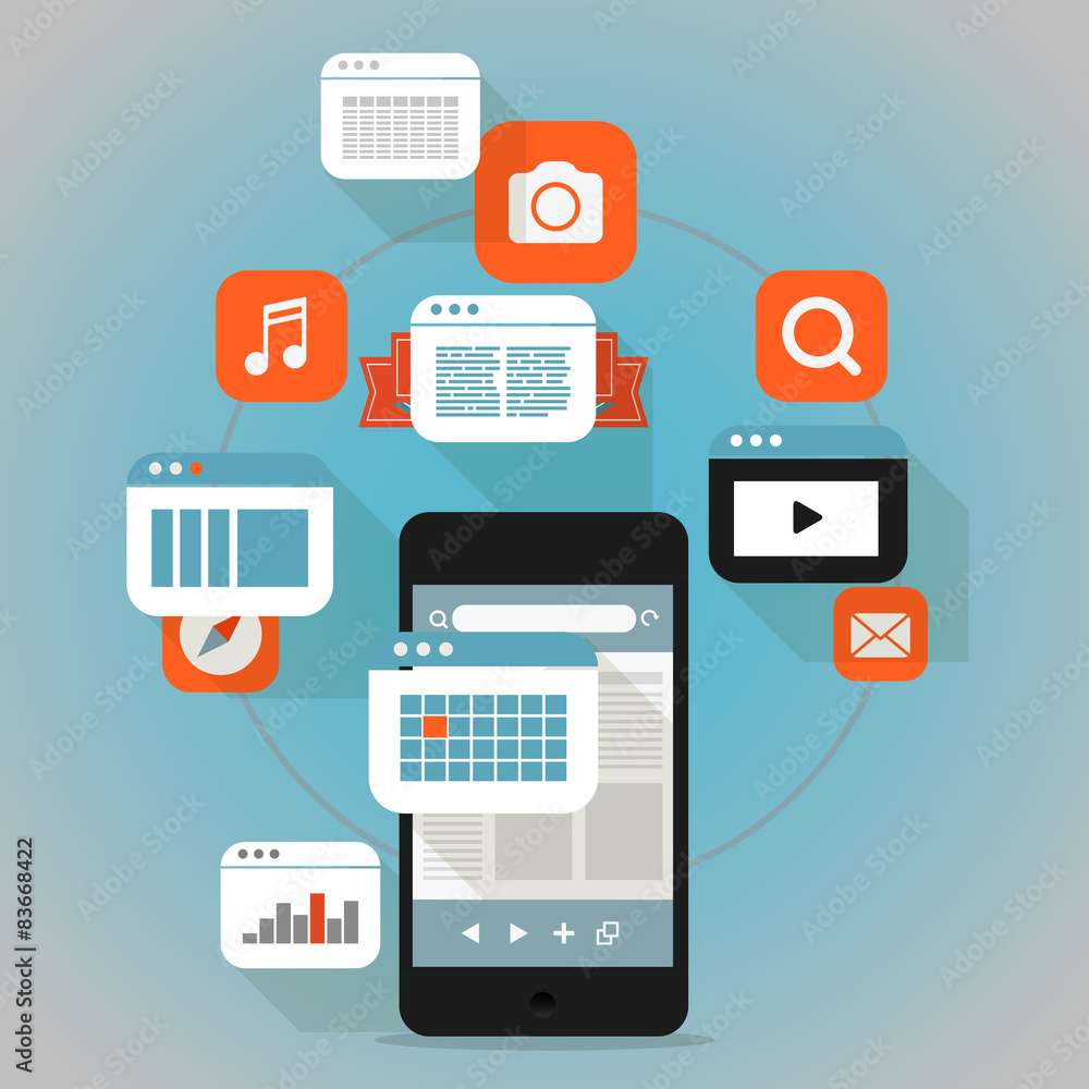 Poster modern smartphone with different application icons