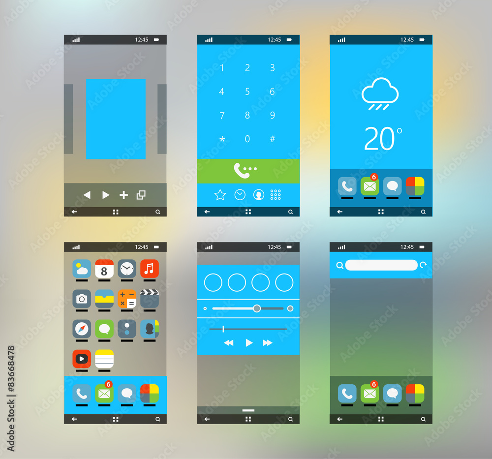 Poster modern smartphone interface with flat material design screens