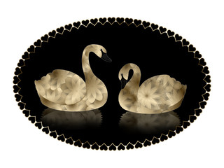Pair of Gold and Black “Flower” Swans with Black Background 