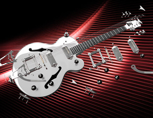 White electric guitar on black and red background for rock band