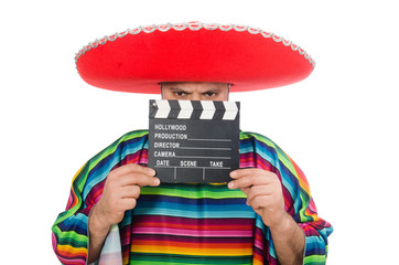 Funny mexican with clapper-board isolated on white