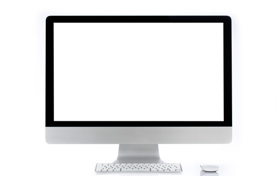 Desktop computer with wireless keyboard and mouse.