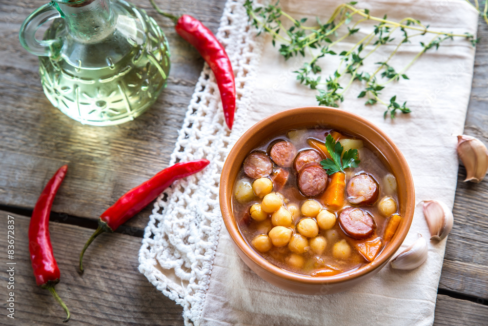 Sticker Soup with chickpeas and smoked sausage